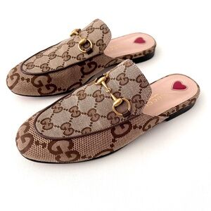 GUCCI || Princetown Horsebit GG Monogram Jumbo Logo Brown Beige Canvas Mules